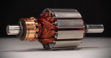 Armatür ya da perküsyon masajcısı olarak adlandırılan küçük ev aletinin elektrikli motorundan bakır bobin ile siyah arka planda döner.