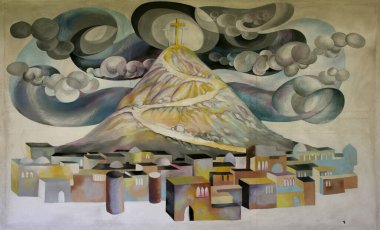 Kudüs 'teki Calvary Dağı' nda Haç, Hırvatistan 'ın Karlovac kentindeki Aziz Yusuf Ulusal Tapınağı