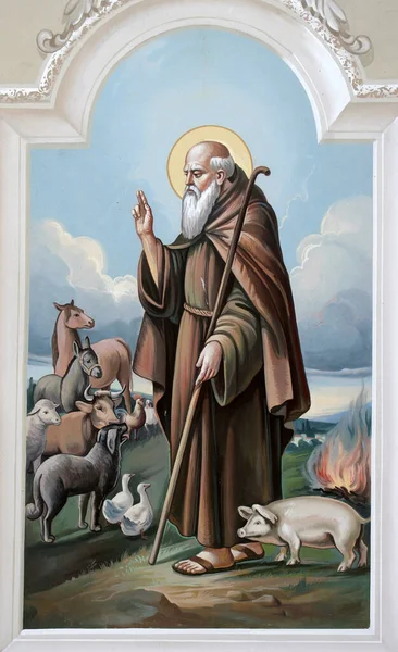 Άγιος Αντώνιος Ερημίτης Τοιχογραφία Στην Ενοριακή Εκκλησία Της Υψώσεως Του — Φωτογραφία Αρχείου