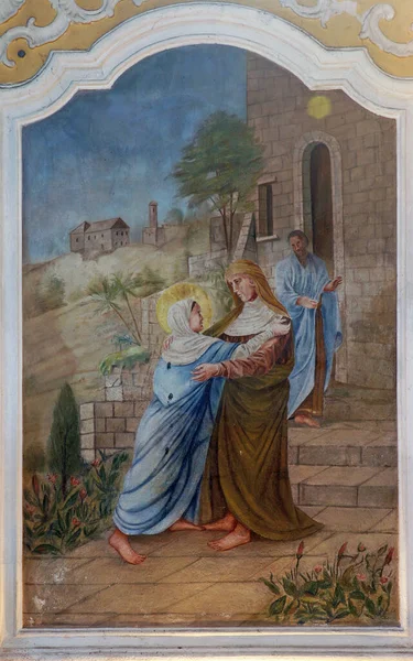 Επίσκεψη Της Παναγίας Τοιχογραφία Στην Ενοριακή Εκκλησία Της Παναγίας Του — Φωτογραφία Αρχείου