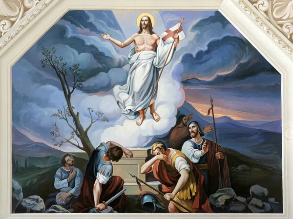 基督的复活 在克罗地亚Oprisavci的圣十字升天教区教堂里的壁画 免版税图库图片