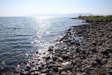 Rocky deniz manzaralı, Tabgha 'da deniz kıyısı, İsrail