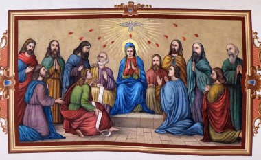 Kutsal Ruh 'un soyundan gelen Pentecost, Hırvatistan' ın Stitar kentindeki Aziz Matthew kilisesinde fresk.