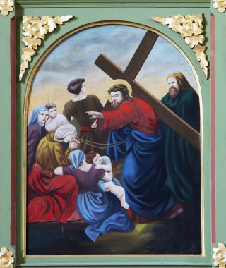 8 istasyonları haç, İsa'nın Kudüs, kilise Aziz Matthew Stitar, Hırvatistan kızları karşılamaktadır.