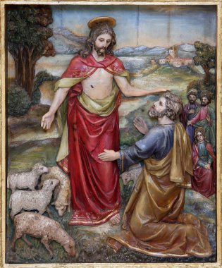 İsa Peter 'a, Hırvatistan' ın Stitar kentindeki Aziz Matthew Kilisesi 'nde Büyük Anthony mihrabında Koyunlarımı Besle, sunak dedi.