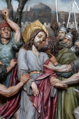 Yahuda öpücüğü, Gethsemane Bahçesinde İsa Stitar, Hırvatistan 'daki Aziz Matthew kilisesinde sunak.