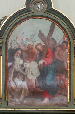 Çarmıhın 6. İstasyonları, Veronica, Hırvatistan 'ın Trnjani kentinde İsa' nın yüzünü, kilisenin Aziz Mark 'ını siliyor.