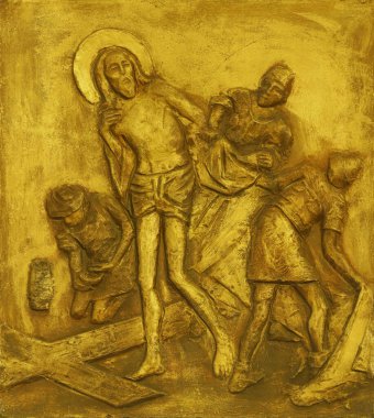 Çarmıhın 10. İstasyonları, İsa 'nın giysileri çıkarıldı, Hırvatistan, Zagreb' in Spansko kentindeki Our Lady of Sorrows kilisesi.