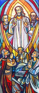 İsa 'nın dönüşümü, Hırvatistan' ın Velika Gorica kentindeki Aziz Peter ve Paul kilisesinin vitraylı penceresinin çizimi