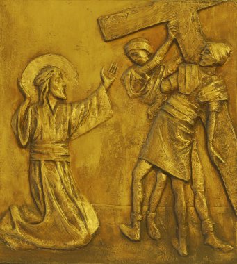 Çarmıhın 2. İstasyonları, İsa 'ya haçı verildi. Spansko, Zagreb, Hırvatistan' daki Our Lady of Sorrows Kilisesi.