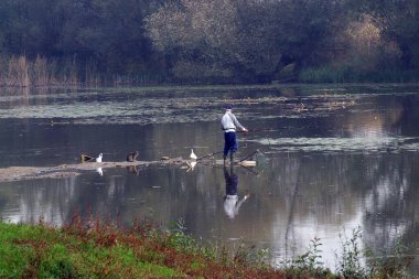 Hırvatistan 'ın Sava Nehri üzerindeki Velesevec köyünün cennet manzarasında bir adam balık tutuyor