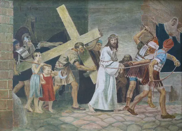 Çarmıhın 5. İstasyonları, Cyrene 'li Simon haçı taşıyor, İsa' nın Kutsal Kalbi Kilisesi, Zagreb, Hırvatistan 'da Salata