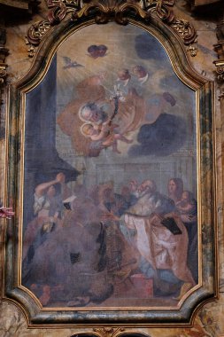 Aziz Yusuf, Hırvatistan 'ın Kotari kentindeki Noblac' lı Aziz Leonard kilisesinde bebek İsa 'nın sunağını tutuyor.