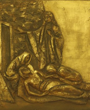 Çarmıhın 14. İstasyonları, İsa mezara kondu ve tütsüyle kaplandı, Hırvatistan, Zagreb, Spansko 'daki Our Lady of Sorrows kilisesi.