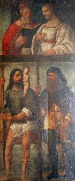 Aziz Gregory ve Aziz Christopher ve Aziz Roch, Hırvatistan 'ın Korcula adasındaki Aziz Mark Kilisesi' ndeki başrahibin hazinesinde resim yapıyorlar.