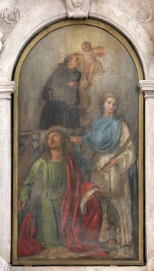 Aziz Anthony, St. John ve St. Catherine, Hırvatistan 'ın Korcula adasındaki Karların Hanımı Kilisesi' nde İsa 'nın Kutsal Kalbi mihrabında sunak.