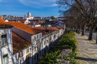Avrupa 'nın panoramik manzarası kırmızı kiremitli çatılar, belirgin bir kilise kubbesi ve açık mavi gökyüzünün altında ağaçlarla kaplı bir cadde..