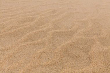 İnce ayak izleriyle dalgalı kumun yakın plan çekimi, kumlu bir yüzeyin dokusunu ve doğal desenlerini gösteriyor..