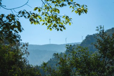 Dağ sırtında rüzgar santralleriyle güzel bir manzara. 