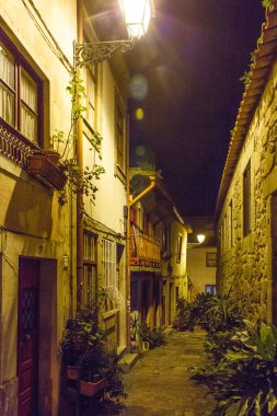 Porto 'da dar, loş bir ara sokak, gece ele geçirilmiş. Sahne, eski moda sokak lambalarının sıcacık parıltısıyla yıkanıyor, yıpranmış kaldırım taşı patikasına uzun gölgeler düşüyor. Etrafındaki binaların eski, dokulu duvarları soyuluyor.