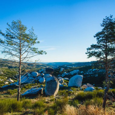 Gün batımında sakin bir dağ manzarası, geniş yuvarlak kayalar araziye saçılmış, yeşillik üzerine uzun gölgeler ve arka planda yuvarlanan tepeler