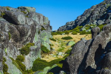 Parlak, berrak bir gökyüzü altında yeşil bölgelerle çevrili devasa kayalar ve kayalık araziler boyunca uzanan dar çimenli bir yol, sakin ve engebeli bir açık hava manzarası oluşturuyor.