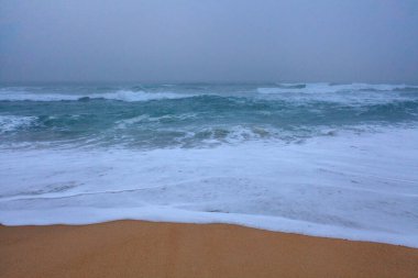 Hafif dalgalar, sisli ve bulutlu bir gökyüzünün altında kumlu sahile doğru yuvarlanarak ufku okyanus ve atmosfer arasında kusursuz bir geçişe çeviriyor.