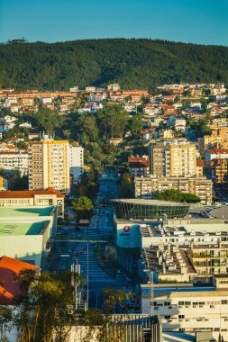 a vibrant cityscape with a clear distinction between urban structures and surrounding nature. clipart