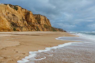 Kıyı manzarası kıyı şeridi boyunca uzanan kumlu bir plaj. Resmin sol tarafında kaya oluşumlarının farklı katmanlarına sahip altın kayalıklar var.