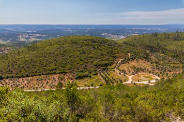 Yuvarlanan tepeleri, yemyeşil ormanları ve açık mavi gökyüzünü gösteren panoramik bir manzara.