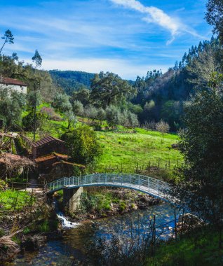 Taşra sahnesinde, her iki taraftaki yemyeşil alanları birbirine bağlayan hafif akan bir akarsu boyunca uzanan metal bir yaya köprüsü var.