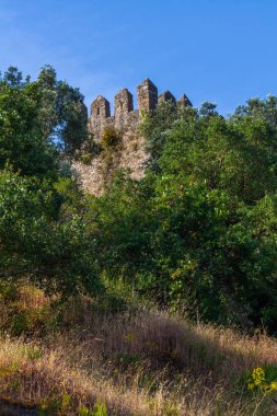 Yeşilliklerle kaplanmış tarihi bir kale duvarı, açık mavi gökyüzüne karşı dimdik ayakta duruyor, antik tarih ve doğal güzelliği çağrıştırıyor.