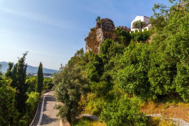 Taştan bir yol, yemyeşil yemyeşil ve berrak mavi bir gökyüzü ile çevrili, tepe üstü bir Portekiz kalesine doğru gidiyor.