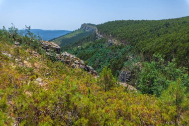 Engebeli bir manzaranın panoramik görüntüsü kayalık kayalıklar, yoğun ormanlar ve açık mavi gökyüzünün altındaki yuvarlanan tepeler.
