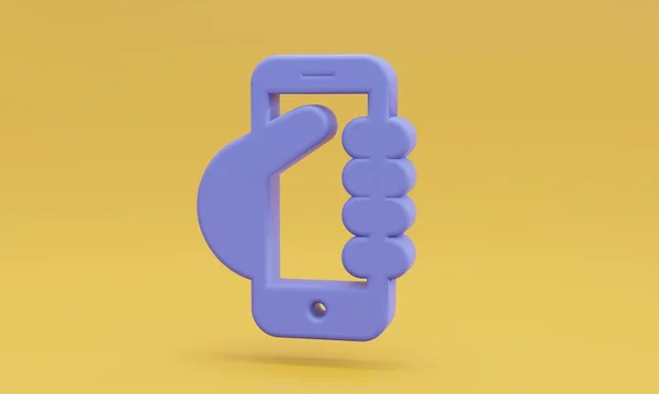 最小紫色的手手持智能手机符号橙色背景 3D插图 — 图库照片