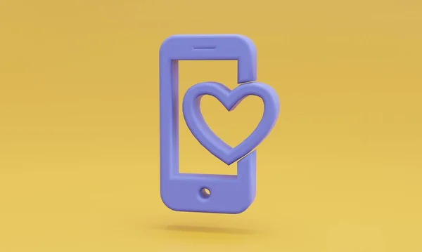 橙色背景上有心脏符号的最小紫色手机 3D插图 — 图库照片