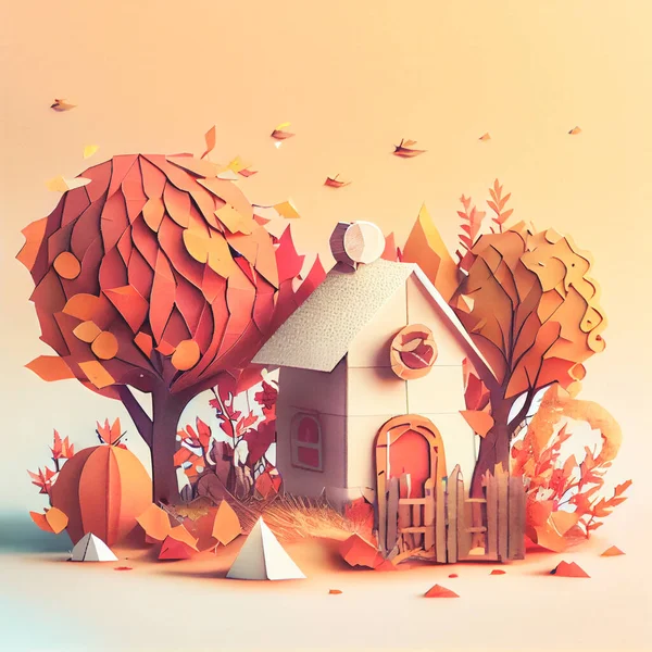 Autumn square banner with multi layered shapes and leaves in paper cut style. The effect of 3D render in papercraft art.
