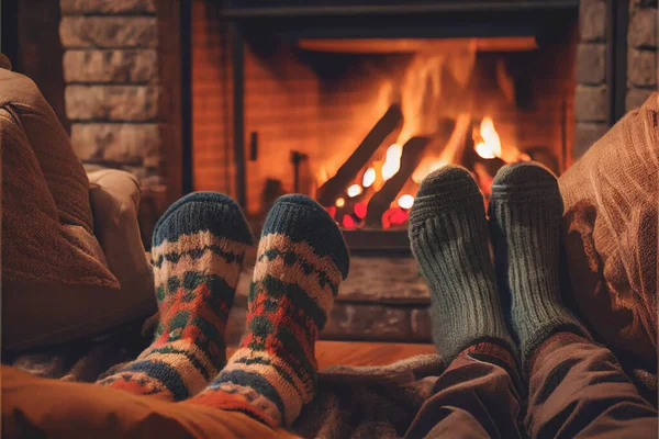 Couple resting by the Christmas fireplace. Sitting under the blanket, relaxes by warm fire and warming up their feet in woollen socks. Winter and Christmas holidays concept.