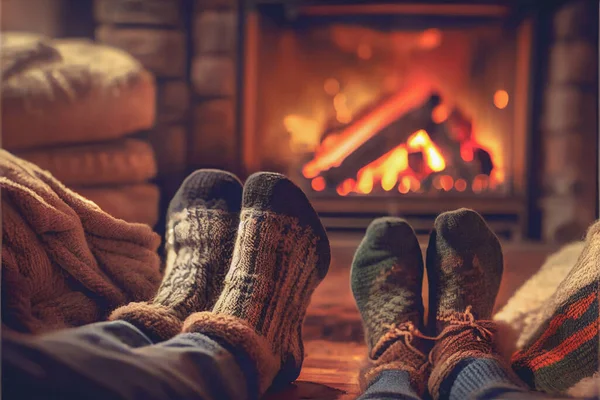 Couple resting by the Christmas fireplace. Sitting under the blanket, relaxes by warm fire and warming up their feet in woollen socks. Winter and Christmas holidays concept.