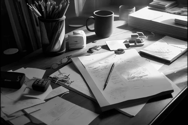 A cluttered desk with pens, papers, and other planning materials scattered around. The scene conveys a sense of productivity and organization as the individual has been busy planning.