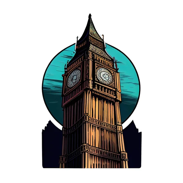 Cartoon sticker depicts the Big Ben with its famous clock face and bell tower in London.