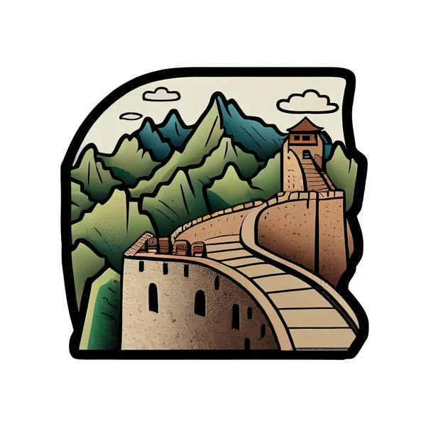 Cartoon sticker of the Great Wall of China, a famous landmark in China.