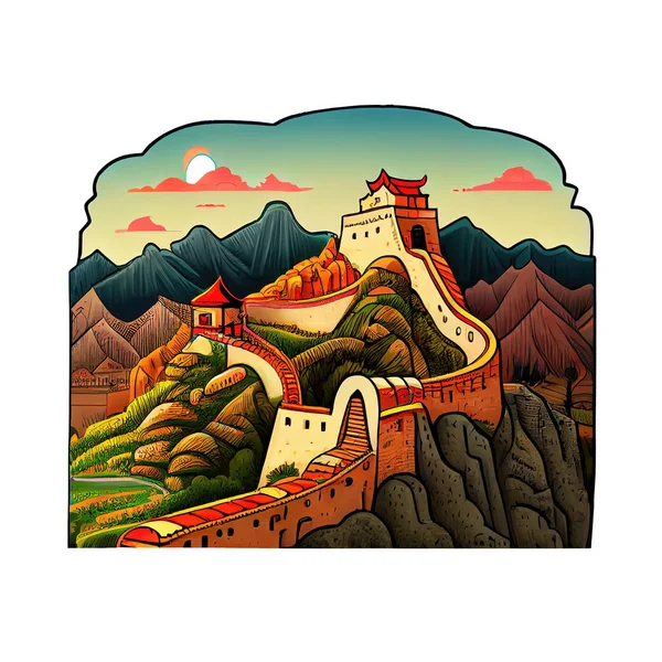 Cartoon sticker of the Great Wall of China, a famous landmark in China.