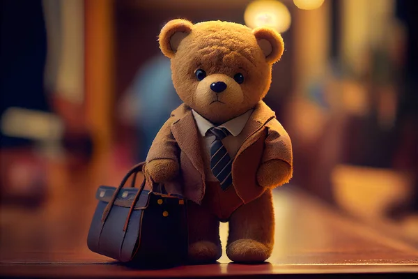 A small brown teddy bear dressed in a business suit, standing in an office setting with blur background.