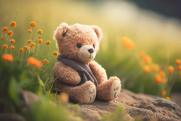 Small brown teddy bear sitting among a colorful flower garden with copy space.