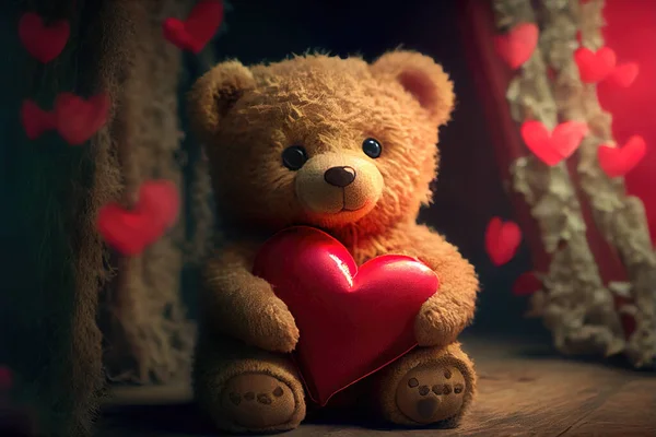 Teddy bear holding a red heart-shaped pillow in his hands with blurred background. 3D illustration