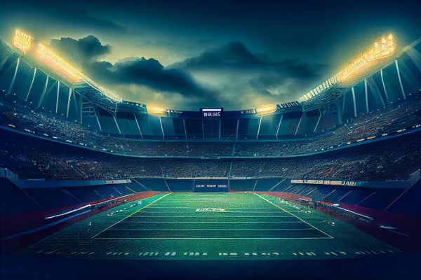 American football league stadium with field view, sport building 3D render professional background.