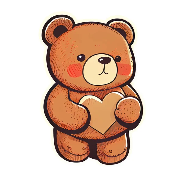 Cute Teddy bear holding heart cartoon isolated on a transparent background. Valentines day card, romantic elements. Hand-drawn illustration