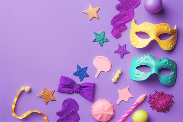 Various types of masks displayed on purple background, illustration Purim celebration concept and Jewish carnival holiday. Top view, flat lay.