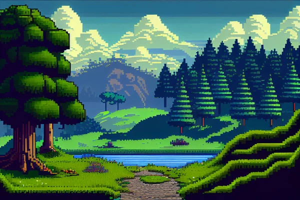 Árvores de pixels desenhos animados 8 bits jogo retrô natureza